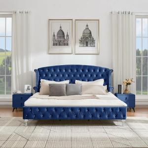 Christopher Knight Home Averil Modern King Size Platform Bed Frame with Velvet Upholstered Headboard, Wooden King Size Bed Frame with Wingback Headboard, No Box Spring Needed, Easy Assembly, Cream(Navy Blue)