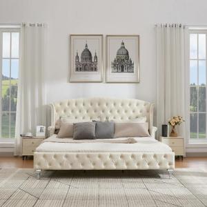 Christopher Knight Home Averil Modern King Size Platform Bed Frame with Velvet Upholstered Headboard, Wooden King Size Bed Frame with Wingback Headboard, No Box Spring Needed, Easy Assembly, Cream(Cream)