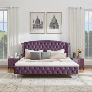 Christopher Knight Home Averil Modern King Size Platform Bed Frame with Velvet Upholstered Headboard, Wooden King Size Bed Frame with Wingback Headboard, No Box Spring Needed, Easy Assembly, Cream(Purple)