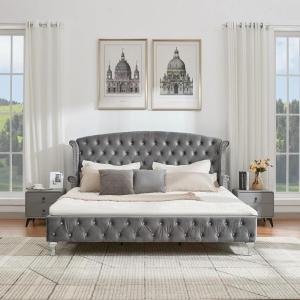 Christopher Knight Home Averil Modern King Size Platform Bed Frame with Velvet Upholstered Headboard, Wooden King Size Bed Frame with Wingback Headboard, No Box Spring Needed, Easy Assembly, Cream(Dark Grey)