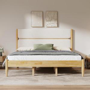 Christopher Knight Home Blitz Queen Bed Frame with Fleece Upholstered Headboard, Rubber Wood Platform Bed Frame, Solid and Stable Bedframe, Slats Panel Support, No Box Spring Needed, Ivory(King Size)