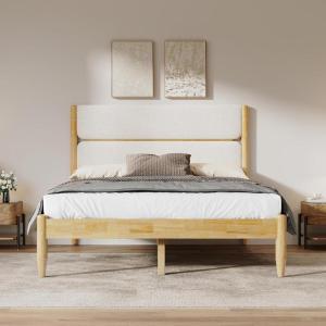 Christopher Knight Home Blitz Queen Bed Frame with Fleece Upholstered Headboard, Rubber Wood Platform Bed Frame, Solid and Stable Bedframe, Slats Panel Support, No Box Spring Needed, Ivory(Queen Size)