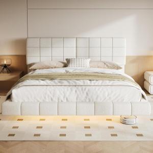 Christopher Knight Home Borden Floating Bed Frame King Size with Lights, Boucle King Size Platform Bed Frame with Headboard, Modern Floating King Bed Frame, No Box Spring Needed, Easy Assembly, White(Queen (U.S. Standard))