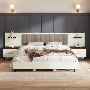Christopher Knight Home Camille Rectangular King Size Bed Frame with Headboard, Fabric Upholsteed King Bed Frame with Storage, Platform Bed Frame with Nightstand, No Box Spring Needed, Brown+White