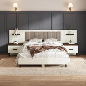 Christopher Knight Home Camille Rectangular Queen Bed Frame with Headboard, Fabric Upholsteed Queen Size Bed Frame with Storage, Platform Bed Frame with Nightstand, No Box Spring Needed, Brown+White