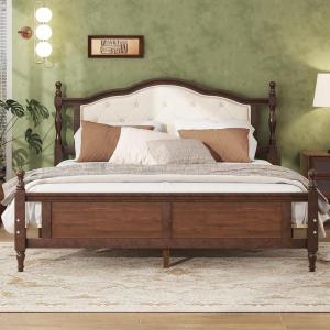 Christopher Knight Home Casats Queen Size Wood Bed Frame with Upholstered Headboard and Panel Footboard, Pine Wood Platform Bed, Enhanced Support Feet, Underbed Storage, Easy Assembly, Walnut Brown(Walnut)