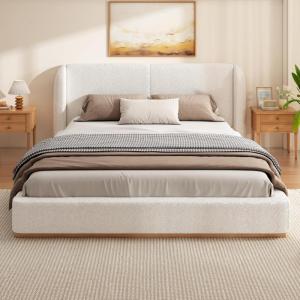 Christopher Knight Home Danet Boucle Upholstered Queen Size Bed Frame with Wingback Headboard, Modern Queen Bed Frame and Headboard, Wooden Slats Support, Easy Assembly, No Box Spring Needed, White(Queen (U.S. Standard))
