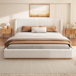 Christopher Knight Home Danet Boucle Upholstered Queen Size Bed Frame with Wingback Headboard, Modern Queen Bed Frame and Headboard, Wooden Slats Support, Easy Assembly, No Box Spring Needed, White(California King)