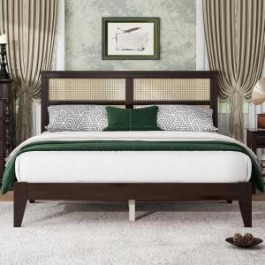 Christopher Knight Home Dejon Queen Size Bed Frame with Rattan Headboard, Rubber Wood Platform Bed, Enhanced by Support Feet, Modern & Vintage Design, Underbed Storage, Easy Assembly, Espresso Brown(Espresso no Drawer)