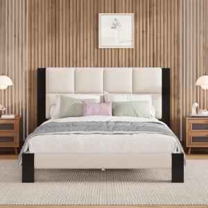 Christopher Knight Home Fizz Boucle Upholstered King Size Bed Frame, Wood Cal King Bed Frame and Headboard, Solid and Stable Bedframe, No Box Spring Needed, Noise Free King Platform Bed, Beige+Black(Queen Size)