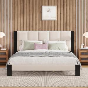 Christopher Knight Home Fizz Boucle Upholstered King Size Bed Frame, Wood Cal King Bed Frame and Headboard, Solid and Stable Bedframe, No Box Spring Needed, Noise Free King Platform Bed, Beige+Black(King Size)