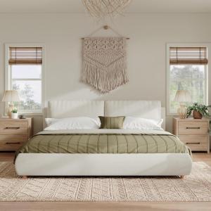 Christopher Knight Home Hazel King Size Boucle Bed, King Size Headboard and Bed Frame, Upholstered Boucle Headboard and Footboard, Wood Slats Panel Platform Support, No Box Spring Needed, 500lbs White