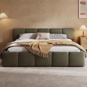 Christopher Knight Home Hazel King Size Platform Bed, Linen Thick Headboard and Footboard, Upholstery Grounded Beds, Block Style, Wood Slat Panel Support, No Spring Box Needed, Easy Assembly, Green(Green)