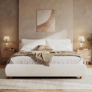 Christopher Knight Home Hazel Queen Size Bed Frame, Upholstered Platform Bed, Soft Boucle Queen Headboard, Removable Pillows Headboard, Wood Slats Support, No Box Spring Needed, Easy Assembly, White