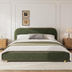 Christopher Knight Home Queen Size Platform Bed, Boucle Fabric Headborad and Bed Frame, Upholstered Curve-Shaped Queen Headboard, Wood Bedpost and Slat, Wood Slats Panel Support, Easy Assembly, White(Olive Green Velvet)
