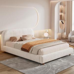 Christopher Knight Home Queen Size Platform Bed, Boucle Fabric Headborad and Bed Frame, Upholstered Curve-Shaped Queen Headboard, Wood Bedpost and Slat, Wood Slats Panel Support, Easy Assembly, White(White)