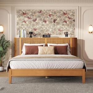 Christopher Knight Home Renata King Size Bed Frame with Grace Slat Headboard, Platform Bed with Side Cabinets, Wood Bed Frame, Solid and Stable Bedframe, No Box Spring Needed, Noise Free, Natural(Queen Size)