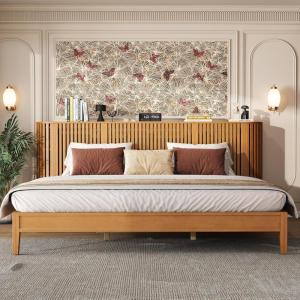 Christopher Knight Home Renata King Size Bed Frame with Grace Slat Headboard, Platform Bed with Side Cabinets, Wood Bed Frame, Solid and Stable Bedframe, No Box Spring Needed, Noise Free, Natural(King Size)