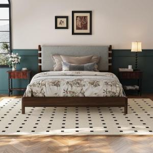 Christopher Knight Home Roach Mid Century Modern King Size Bed Frame, Rubber Wood Platform Bed Frame with Headboard, Easy Assembly, No Box Spring Needed, Upholstered Headboard, Light Gray + Walnut(Light Gray + Walnut)