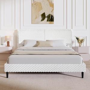 Christopher Knight Home Senna Modern Queen Bed Frame with Headboard, Upholstered Plush Fabric Queen Platform Bed Frame, Wooden Slats Panel Platform Support, No Box Spring Needed, Dark Beige(White)