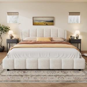 Christopher Knight Home Sunvi Upholstered King Size Bed Frame, King Bed Frame and Headboard, Platform Bed Frame King Size, Wood Bed Support and Slat, No Box Spring Needed, Easy Assembly, Beige(King (U.S. Standard))