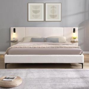 Christopher Knight Home Svant King Size Platform Bed, Boucle Fabric Upholstered Headboard Bed Frame with Reading Lamps and Shelves, Wooden Slats, No Box Spring Needed, White(White)