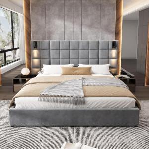 Christopher Knight Home Svens 46″ High Headboard Bed, King Size Platform Bed Frame, Soft Velvet Upholstered California King Bed Frame, Square Pattern Design with Reading Lamps and USB Ports, Grey(California King)