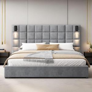 Christopher Knight Home Svens 46″ High Headboard Bed, King Size Platform Bed Frame, Soft Velvet Upholstered California King Bed Frame, Square Pattern Design with Reading Lamps and USB Ports, Grey(King)