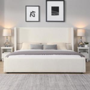 Christopher Knight Home Vanor Queen Size Bed Frame, Fabric Upholstered Platform Bed with Wingback Tall Headboard, Wooden Slats, No Box Spring Needed, Easy Assembly, White(King)