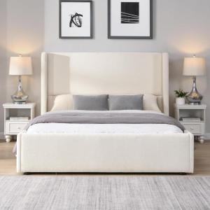 Christopher Knight Home Vanor Queen Size Bed Frame, Fabric Upholstered Platform Bed with Wingback Tall Headboard, Wooden Slats, No Box Spring Needed, Easy Assembly, White(Queen)