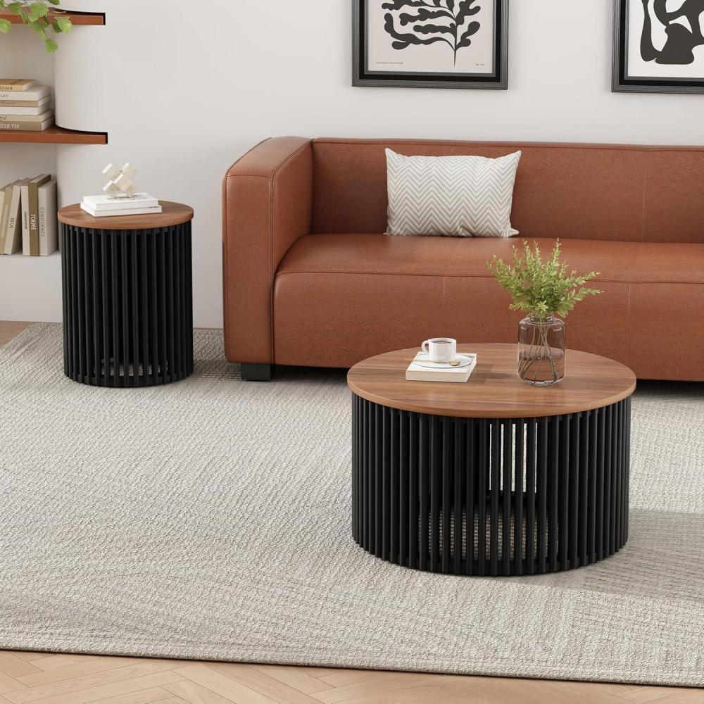image:imageChristopher Knight Home Lemas Acacia Wood Coffee Table and Side Table Set with Wood Base Modern Indoor Accent Tables for Living Room Bedroom Home Office NaturalBlack 2 pcs Set
