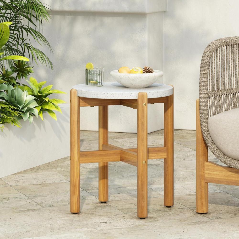 image:imageChristopher Knight Home Seeley Patio Acacia Wood Coffee Table IndoorOutdoor Table for GardenBackyardPoolsideBalcony Cafeteria Lightweight Concrete Round Top Outdoor Side Table Milky WhiteTeak