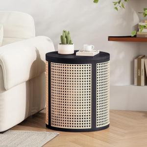 Christopher Knight Home Aurl 15.70″ Round End Table, Hollow Woven Side Table, Small Rubber Wood Nightstand, Rattan Woven Tea Desk, Round Wood Tabletop, Chic Home Deor Desk, Easy Assembly, Natural(Black)