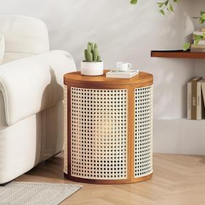 Christopher Knight Home Aurl 15.70″ Round End Table, Hollow Woven Side Table, Small Rubber Wood Nightstand, Rattan Woven Tea Desk, Round Wood Tabletop, Chic Home Deor Desk, Easy Assembly, Natural(Yellowish-brown)