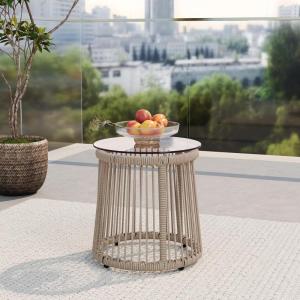 Christopher Knight Home Desna Coffee Table, Patio Glass Round End Table, Outdoor Side Table, Modern/Tropical Patio Accent Piece for Garden/Balcony, Iron Frame + Handwoven Rope Accent, Light Brown