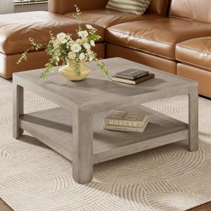 Christopher Knight Home Doran Small Coffee Table with Storage, Modern MDF Square Side Table, Multifunctional Accent Table with Spacious 2-tier Design, Semi-open Design Indoor Furniture, Light Grey Ash