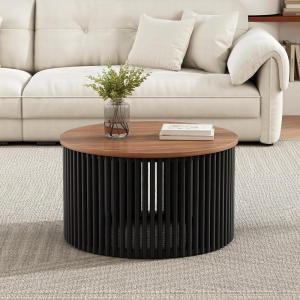 Christopher Knight Home Lemas Acacia Wood Coffee Table, 30″ W Round Modern Sofa Side Table with Wood Base, Modern Indoor Accent Table for Living Room Bedroom Home Office, Natural+Black