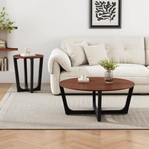 Christopher Knight Home Lemas Acacia Wood Coffee Table and Side Table Set with Wood Base, Modern Indoor Accent Tables for Living Room Bedroom Home Office, Brown+Black, 2 pcs Set