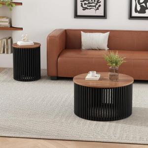 Christopher Knight Home Lemas Acacia Wood Coffee Table and Side Table Set with Wood Base, Modern Indoor Accent Tables for Living Room Bedroom Home Office, Natural+Black, 2 pcs Set