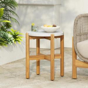 Christopher Knight Home Seeley Patio Acacia Wood Coffee Table, Indoor/Outdoor Table for Garden/Backyard/Poolside/Balcony Cafeteria, Lightweight Concrete Round Top Outdoor Side Table, Milky White+Teak