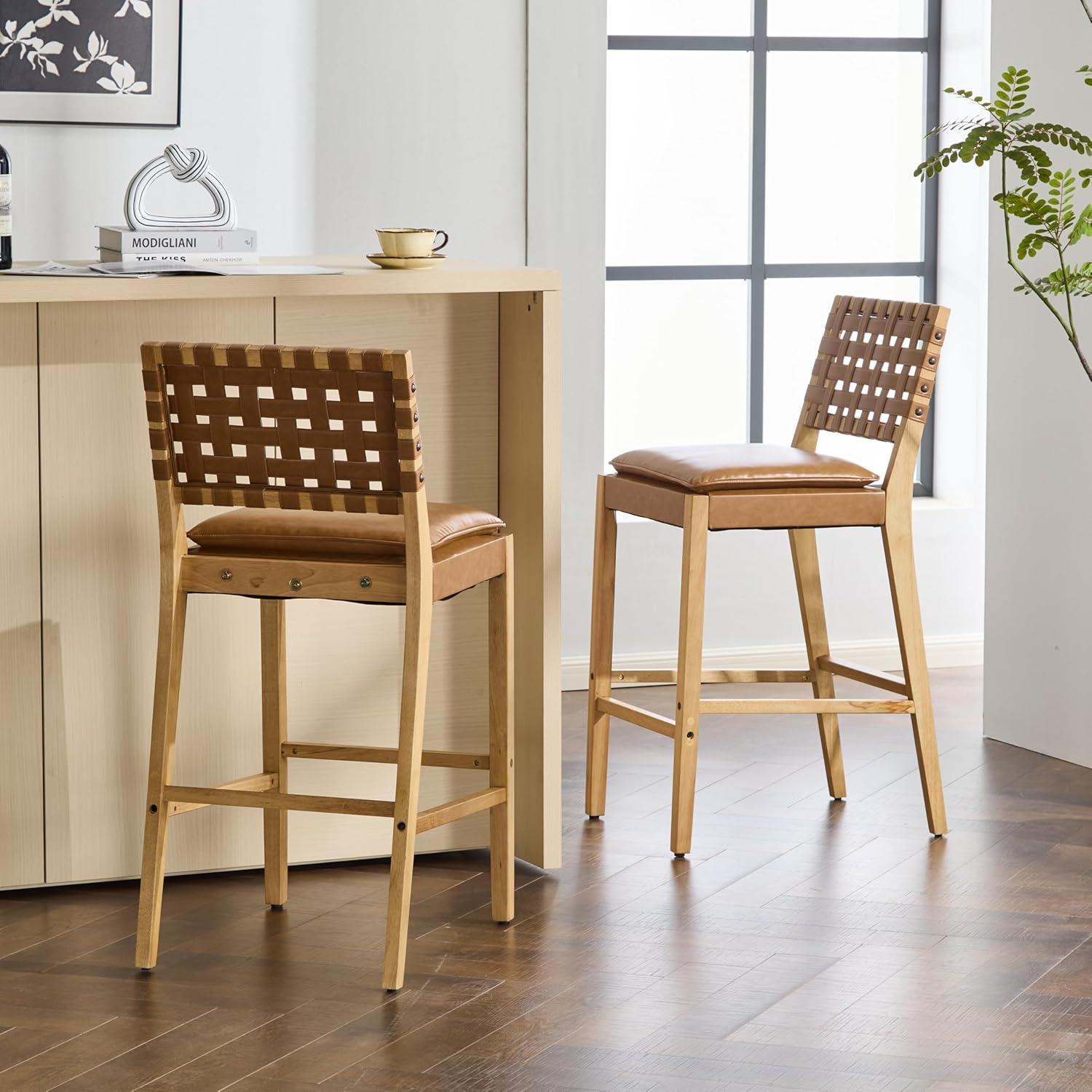 image:imageChristopher Knight Home Caitlyn lndoor Barstool Set of 2 Counter Height Stool with FootrestBackrest for Bar Table Natural Rubberwood Frame with Faux Leather Upholstery Counter Stool BrownNatural