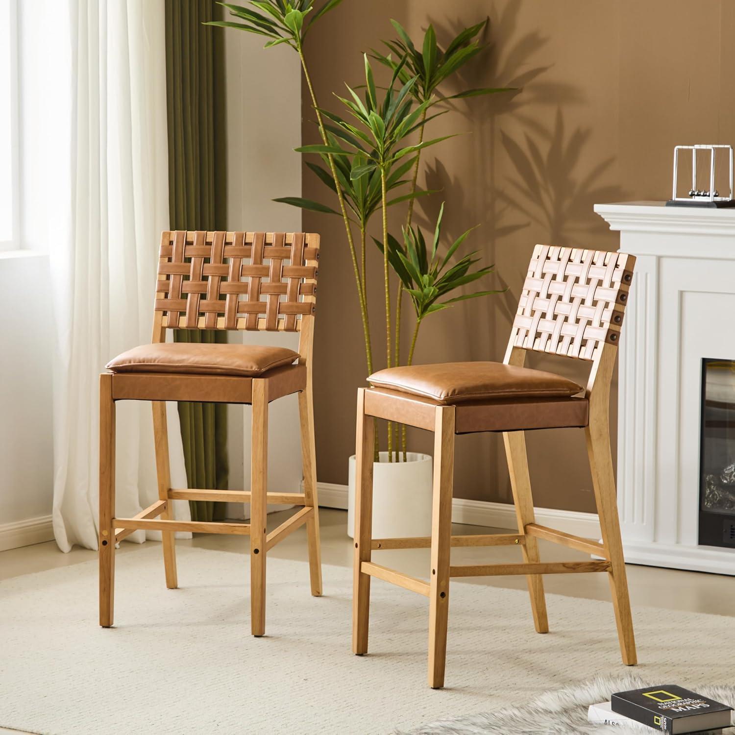 image:imageChristopher Knight Home Caitlyn lndoor Barstool Set of 2 Counter Height Stool with FootrestBackrest for Bar Table Natural Rubberwood Frame with Faux Leather Upholstery Counter Stool BrownNatural