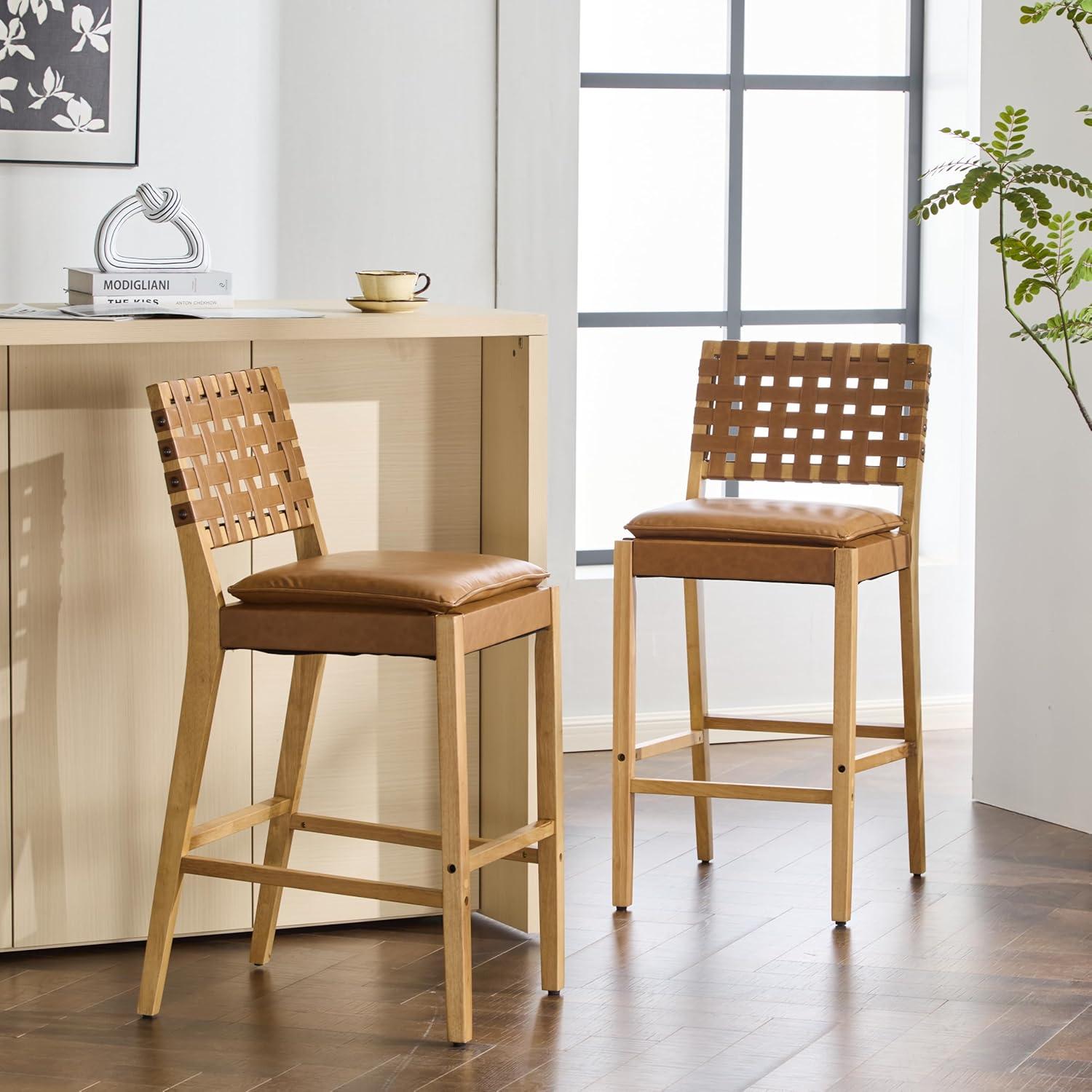 image:imageChristopher Knight Home Caitlyn lndoor Barstool Set of 2 Counter Height Stool with FootrestBackrest for Bar Table Natural Rubberwood Frame with Faux Leather Upholstery Counter Stool BrownNatural