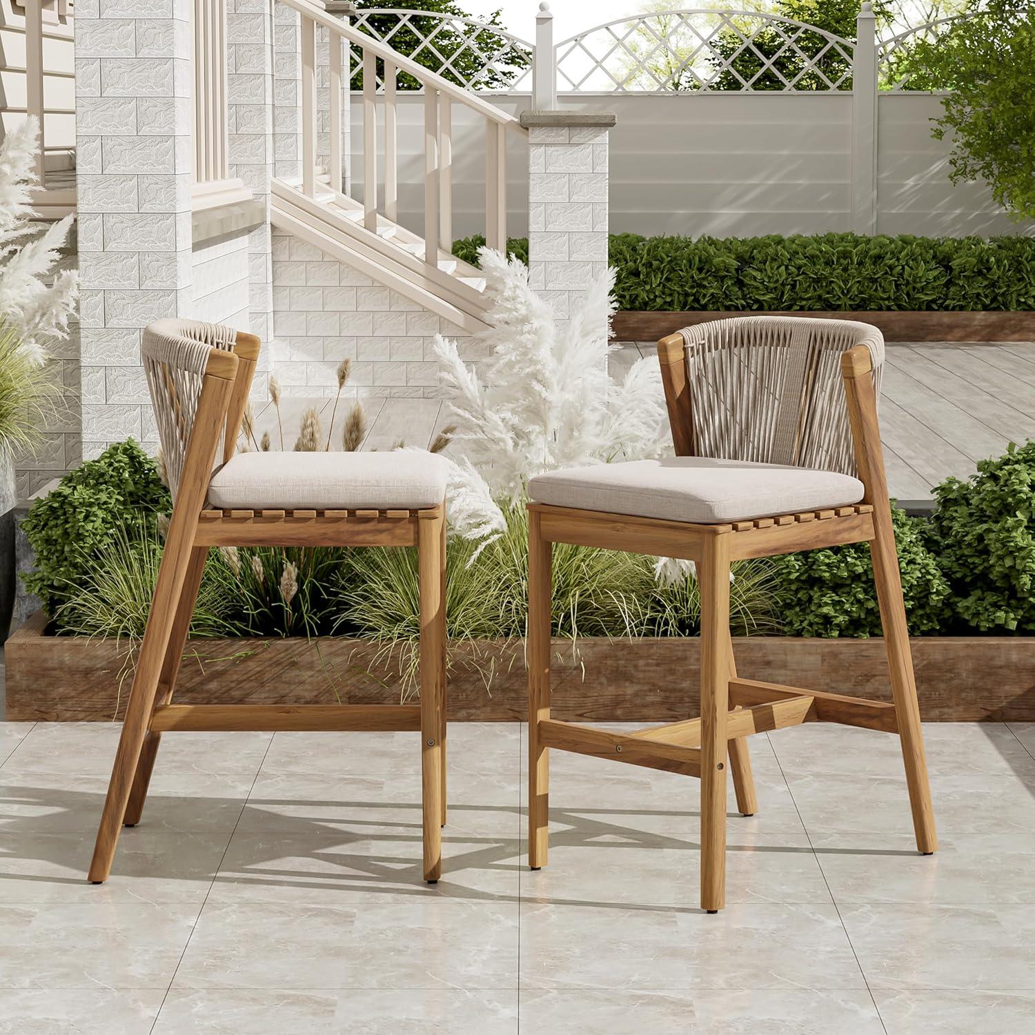 image:imageChristopher Knight Home Cuz Patio Barstool Set of 2 Outdoor Counter Height Stool with Sturdy Acacia Wood Frame and Rope Backrest Bar Stool with Seat Cushion for Backyard Garden Beige Teak