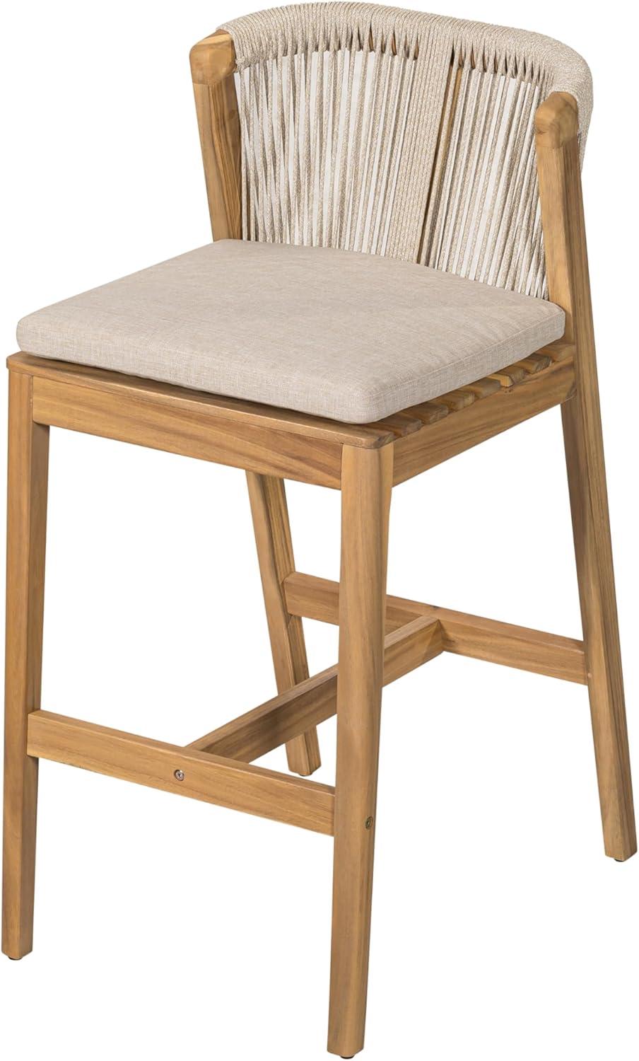 image:imageChristopher Knight Home Cuz Patio Barstool Set of 2 Outdoor Counter Height Stool with Sturdy Acacia Wood Frame and Rope Backrest Bar Stool with Seat Cushion for Backyard Garden Beige Teak