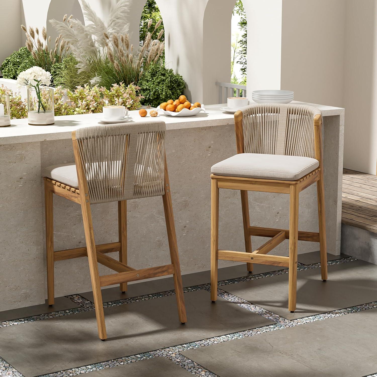 image:imageChristopher Knight Home Cuz Patio Barstool Set of 2 Outdoor Counter Height Stool with Sturdy Acacia Wood Frame and Rope Backrest Bar Stool with Seat Cushion for Backyard Garden Beige Teak