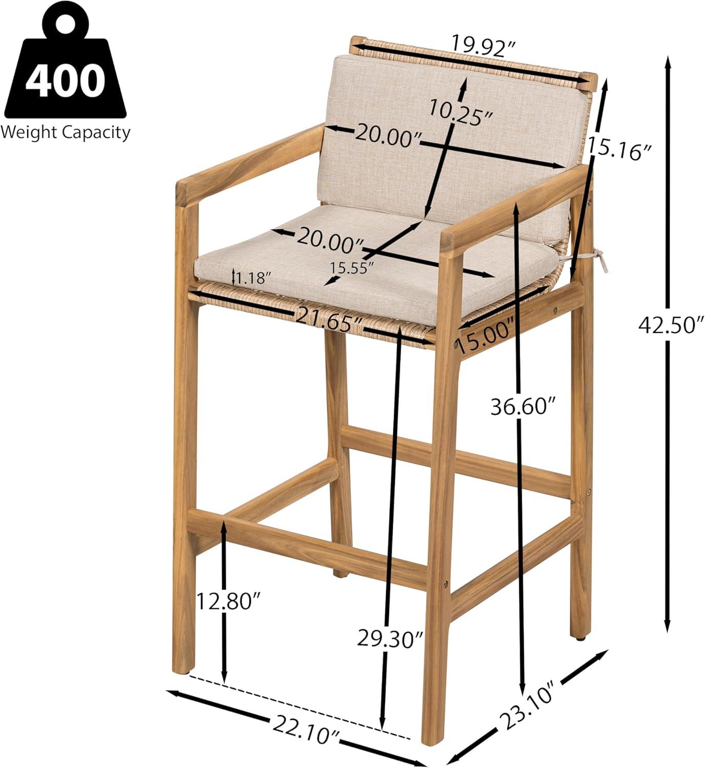 image:imageChristopher Knight Home Deft Patio Barstool Set of 2 Outdoor Counter Height Stool with Acacia Wood Frame and Wicker Bar Stool with BackrestSeat Cushion for Backyard Garden Beige Teak