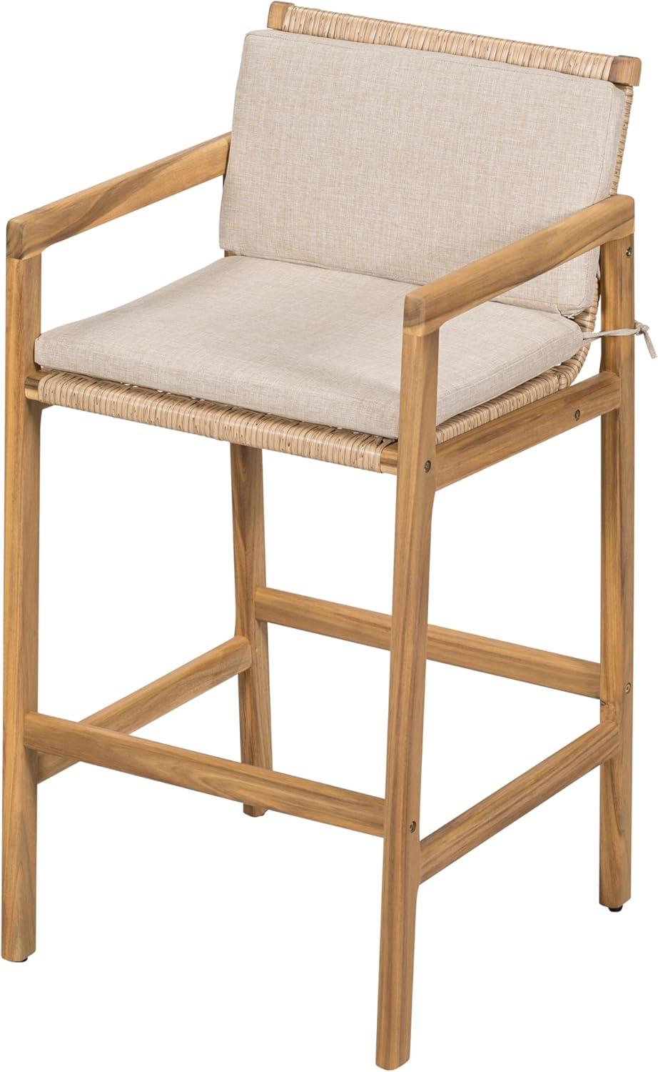 image:imageChristopher Knight Home Deft Patio Barstool Set of 2 Outdoor Counter Height Stool with Acacia Wood Frame and Wicker Bar Stool with BackrestSeat Cushion for Backyard Garden Beige Teak