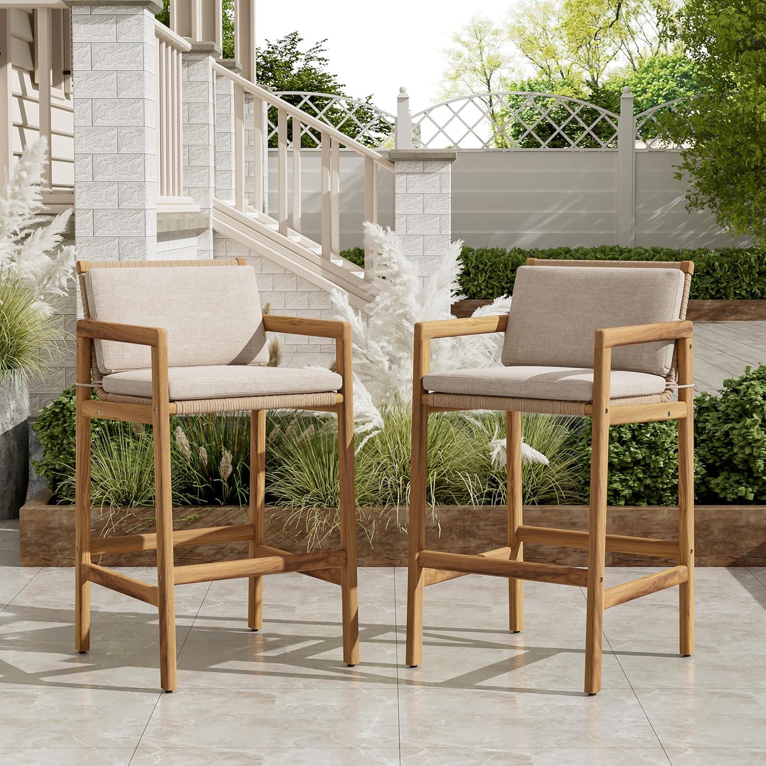 image:imageChristopher Knight Home Deft Patio Barstool Set of 2 Outdoor Counter Height Stool with Acacia Wood Frame and Wicker Bar Stool with BackrestSeat Cushion for Backyard Garden Beige Teak