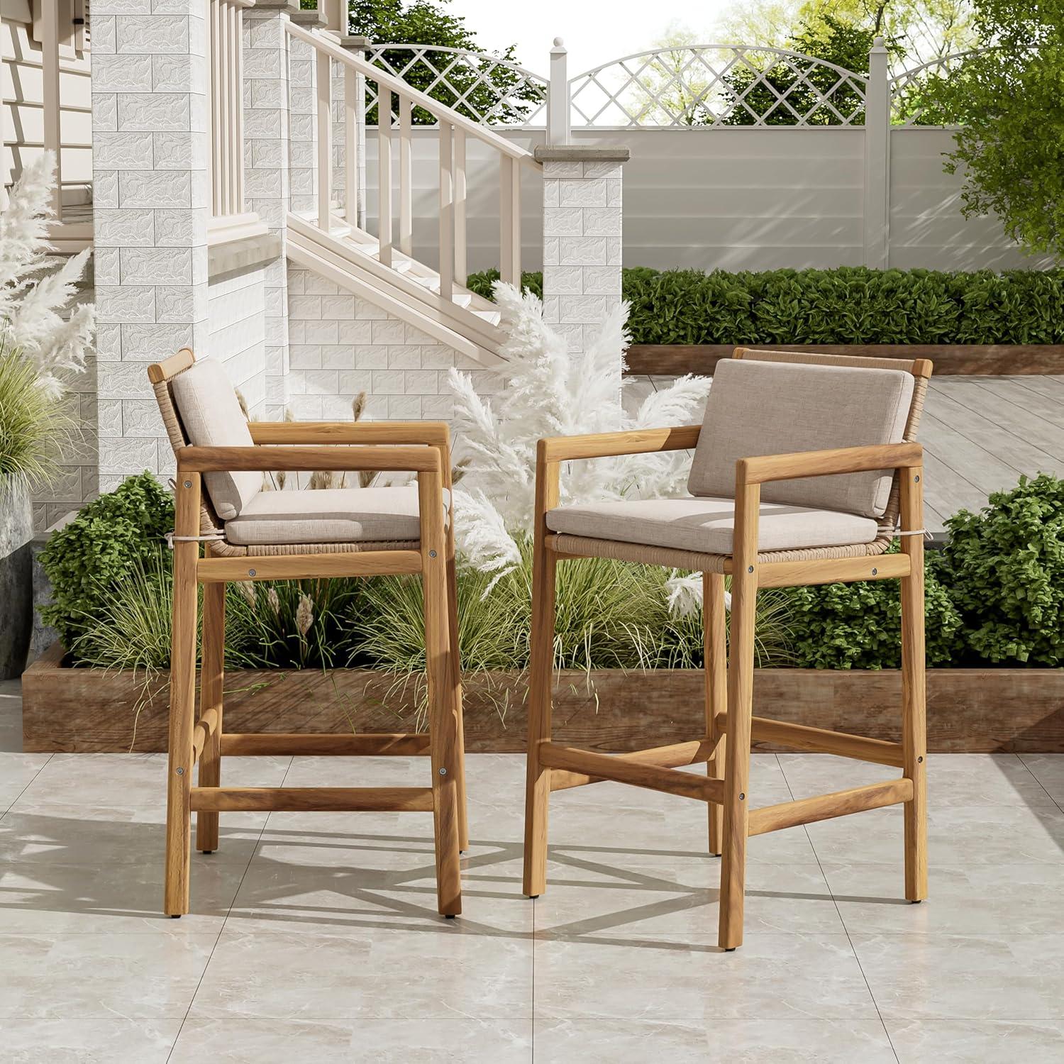 image:imageChristopher Knight Home Deft Patio Barstool Set of 2 Outdoor Counter Height Stool with Acacia Wood Frame and Wicker Bar Stool with BackrestSeat Cushion for Backyard Garden Beige Teak